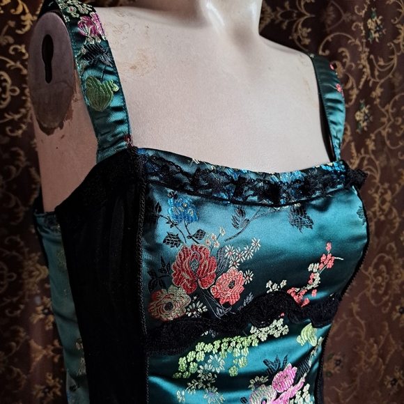 Tripp Rare Vintage Bustier Top Teal Oriental Print Satin Medium - Picture 3 of 12